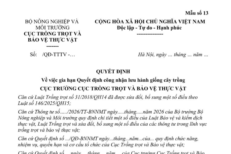 Mẫu Quyết định về việc gia hạn Quyết định công nhận lưu hành giống cây trồng