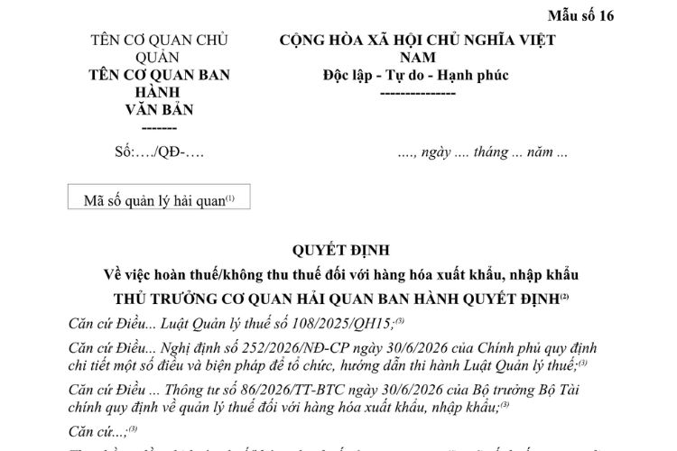 Mẫu Quyết định về việc hoàn thuế/không thu thuế đối với hàng hóa xuất khẩu, nhập khẩu