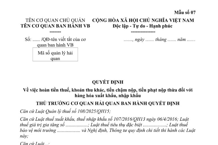 Mẫu Quyết định về việc hoàn tiền thuế, khoản thu khác, tiền chậm nộp, tiền phạt nộp thừa đối với hàng hóa xuất khẩu, nhập khẩu