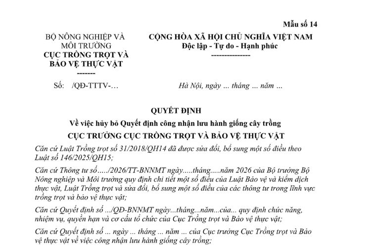 Mẫu Quyết định về việc hủy bỏ Quyết định công nhận lưu hành giống cây trồng