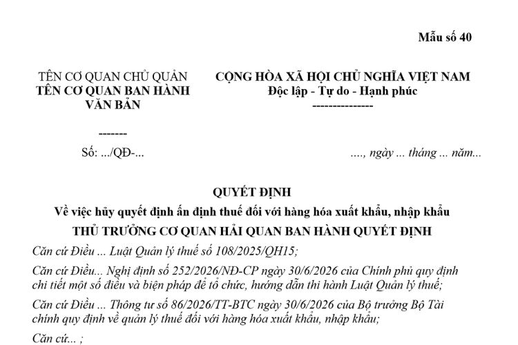 Mẫu Quyết định về việc hủy quyết định ấn định thuế đối với hàng hóa xuất khẩu, nhập khẩu