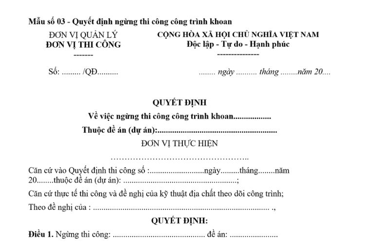 Mẫu Quyết định về việc ngừng thi công công trình khoan
