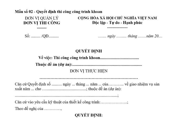 Mẫu Quyết định về việc thi công công trình khoan 2 Mẫu Quyết định về việc thi công công trình khoan