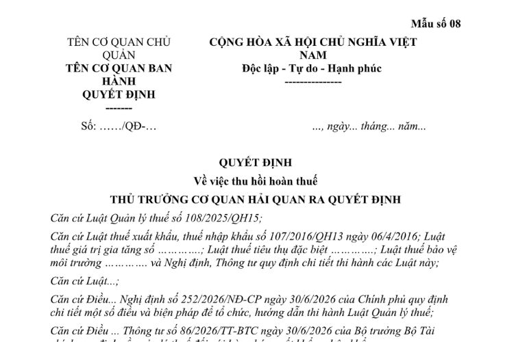 Mẫu Quyết định về việc thu hồi hoàn thuế (đối với hàng hóa xuất khẩu, nhập khẩu)