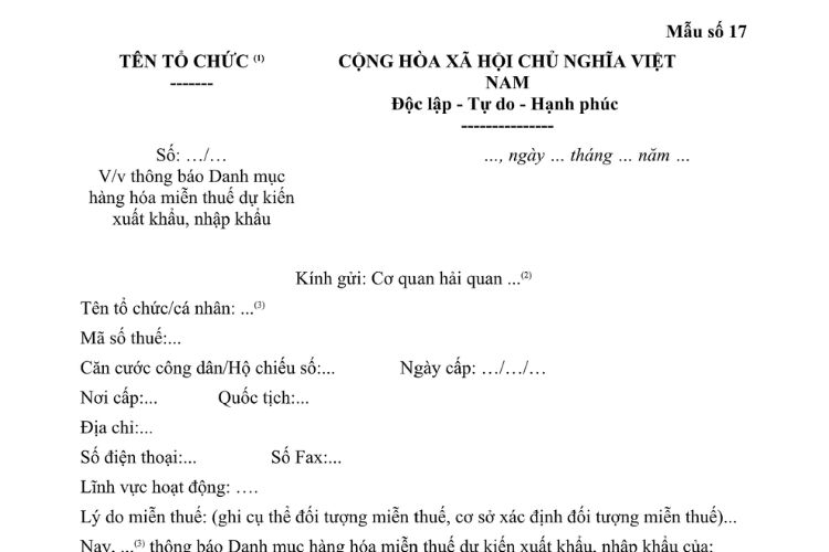 Mẫu Thông báo danh mục hàng hóa miễn thuế dự kiến xuất khẩu, nhập khẩu 2 Mẫu Thông báo danh mục hàng hóa miễn thuế dự kiến xuất khẩu, nhập khẩu