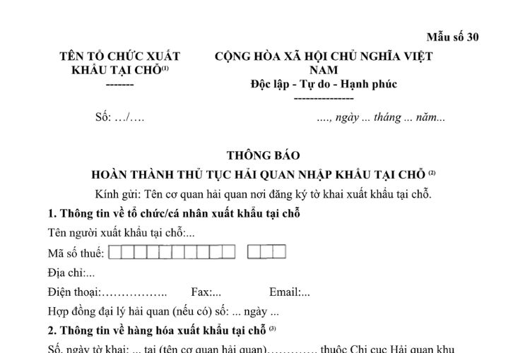 Mẫu Thông báo hoàn thành thủ tục hải quan nhập khẩu tại chỗ 2 Mẫu Thông báo hoàn thành thủ tục hải quan nhập khẩu tại chỗ