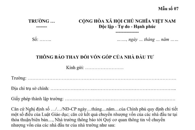 Mẫu Thông báo thay đổi vốn góp của Nhà đầu tư (đối với trường tư thục)