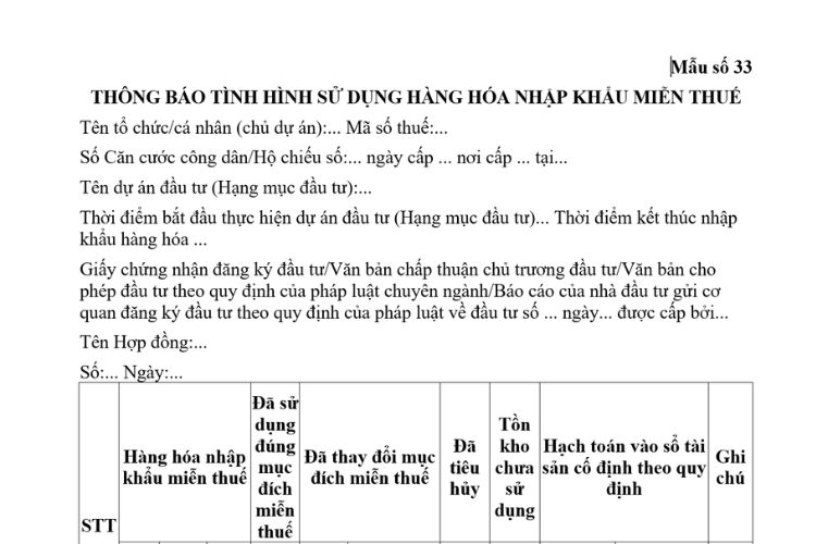 Mẫu Thông báo tình hình sử dụng hàng hóa nhập khẩu miễn thuế