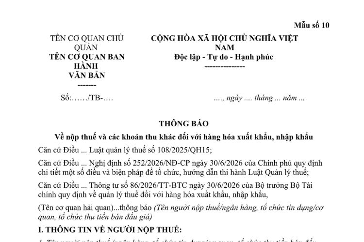 Mẫu Thông báo về nộp thuế và các khoản thu khác đối với hàng hóa xuất khẩu, nhập khẩu 2 Mẫu Thông báo về nộp thuế và các khoản thu khác đối với hàng hóa xuất khẩu, nhập khẩu
