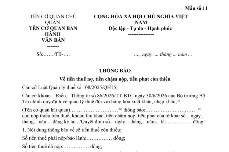 Mẫu Thông báo về tiền thuế nợ, tiền chậm nộp, tiền phạt còn thiếu (đối với hàng hóa xuất khẩu, nhập khẩu) 2 Mẫu Thông báo về tiền thuế nợ, tiền chậm nộp, tiền phạt còn thiếu (đối với hàng hóa xuất khẩu, nhập khẩu)