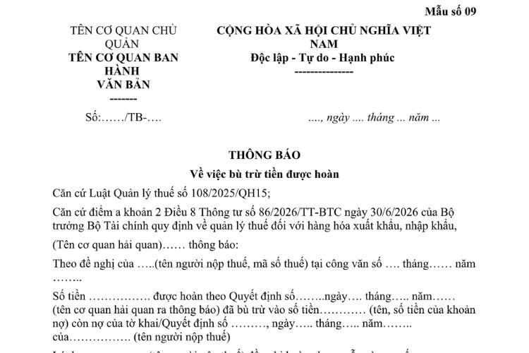 Mẫu Thông báo về việc bù trừ tiền được hoàn (trong quản lý thuế đối với hàng hóa xuất khẩu, nhập khẩu)