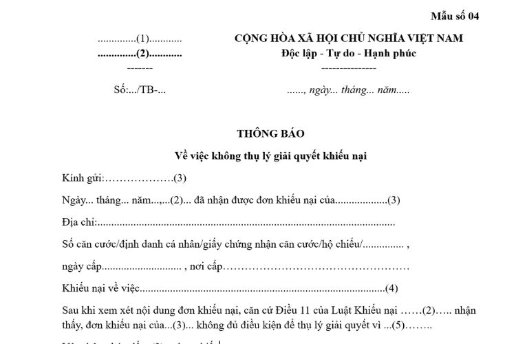 Mẫu Thông báo về việc không thụ lý giải quyết khiếu nại