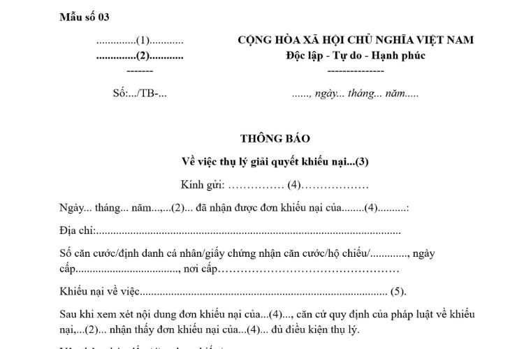 Mẫu Thông báo về việc thụ lý giải quyết khiếu nại