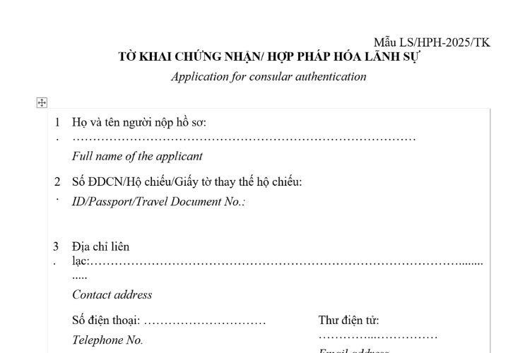 Mẫu Tờ khai chứng nhận lãnh sự, hợp pháp hóa lãnh sự