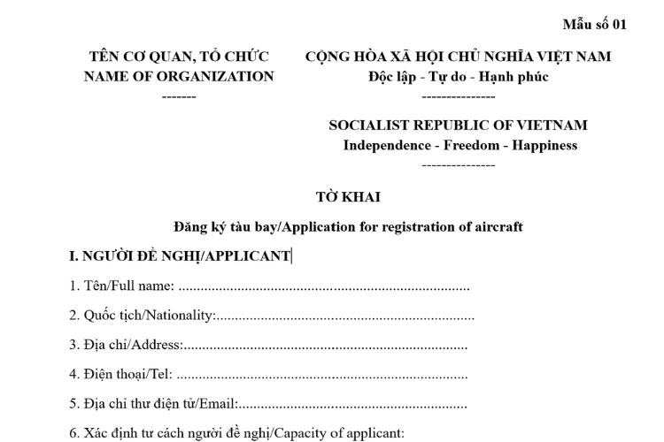 Mẫu Tờ khai đăng ký tàu bay/Application for registration of aircraft