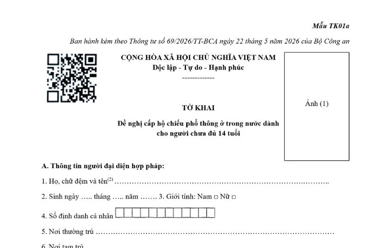 Mẫu Tờ khai đề nghị cấp hộ chiếu phổ thông ở trong nước dành cho người chưa đủ 14 tuổi