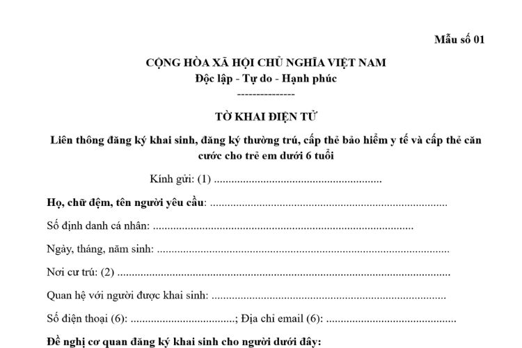 Mẫu Tờ khai điện tử liên thông đăng ký khai sinh, đăng ký thường trú, cấp thẻ bảo hiểm y tế, cấp thẻ căn cước cho trẻ em dưới 6 tuổi