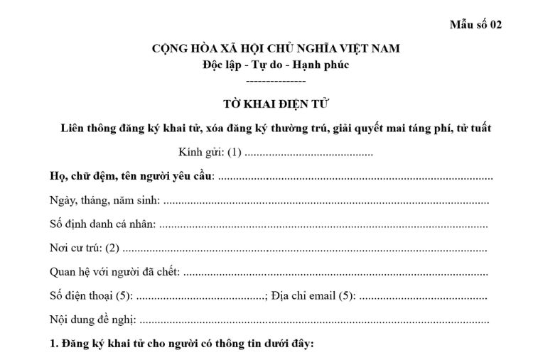 Mẫu Tờ khai điện tử liên thông đăng ký khai tử, xóa đăng ký thường trú, giải quyết mai táng phí, tử tuất 2 Mẫu Tờ khai điện tử liên thông đăng ký khai tử, xóa đăng ký thường trú, giải quyết mai táng phí, tử tuất