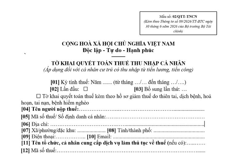 Mẫu Tờ khai quyết toán thuế thu nhập cá nhân (Mẫu số: 02/QTT-TNCN) theo Thông tư 89