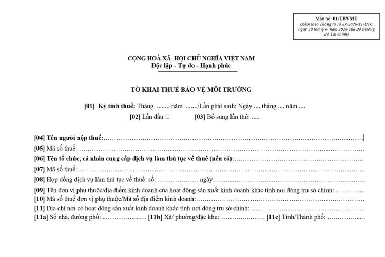 Mẫu Tờ khai thuế bảo vệ môi trường (Mẫu số: 01/TBVMT) theo Thông tư 89