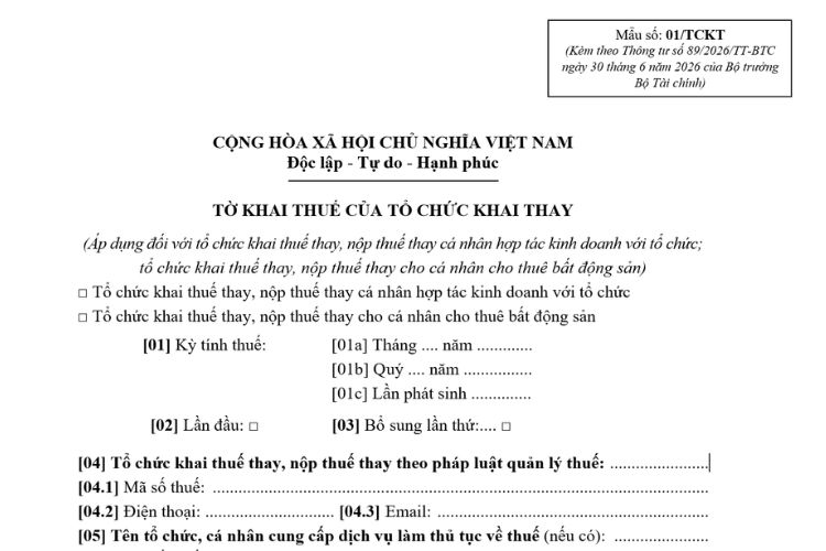 Mẫu Tờ khai thuế của tổ chức khai thay (Mẫu số: 01/TCKT)