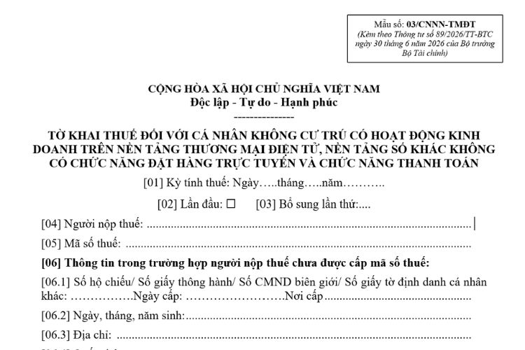 Mẫu Tờ khai thuế đối với cá nhân không cư trú có hoạt động kinh doanh trên nền tảng thương mại điện tử, nền tảng số khác không có chức năng đặt hàng trực tuyến và chức năng thanh toán