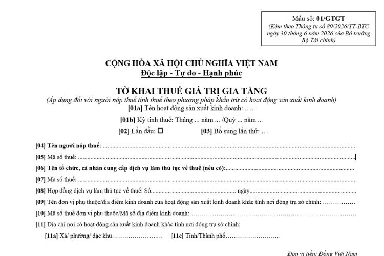 Mẫu Tờ khai thuế giá trị gia tăng (Mẫu số: 01/GTGT) theo Thông tư 89