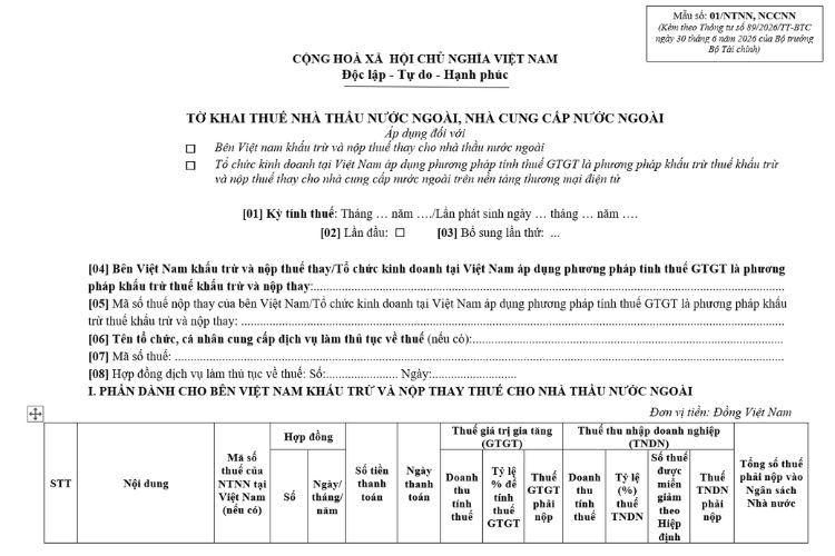 Mẫu Tờ khai thuế nhà thầu nước ngoài, nhà cung cấp nước ngoài