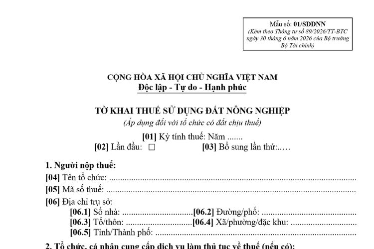 Mẫu Tờ khai thuế sử dụng đất nông nghiệp (Mẫu số: 01/SDDNN)