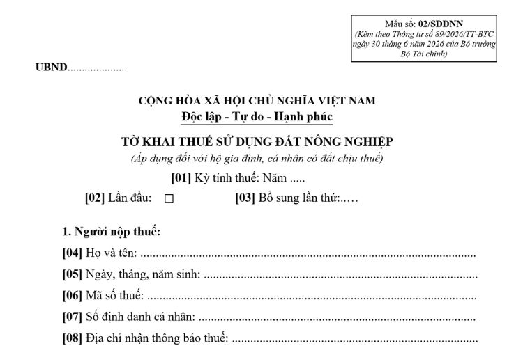 Mẫu Tờ khai thuế sử dụng đất nông nghiệp (Mẫu số: 02/SDDNN)