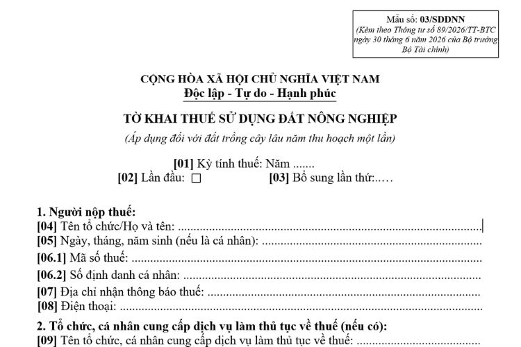 Mẫu Tờ khai thuế sử dụng đất nông nghiệp (Mẫu số: 03/SDDNN)