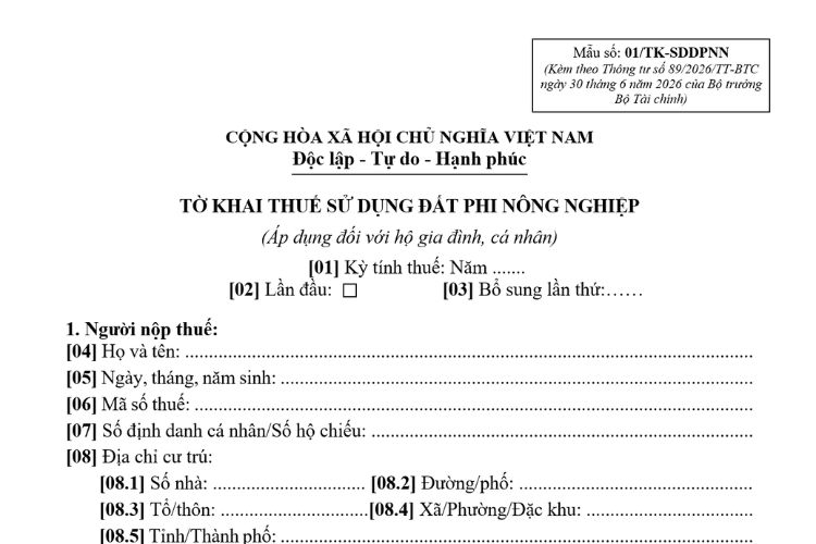 Mẫu Tờ khai thuế sử dụng đất phi nông nghiệp (Mẫu số: 01/TK-SDDPNN) 2 Mẫu Tờ khai thuế sử dụng đất phi nông nghiệp (Mẫu số: 01/TK-SDDPNN)