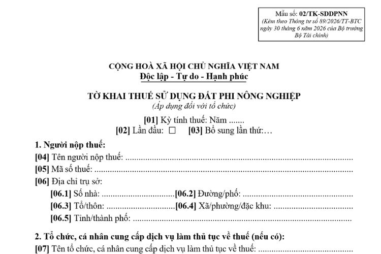 Mẫu Tờ khai thuế sử dụng đất phi nông nghiệp (Mẫu số: 02/TK-SDDPNN)