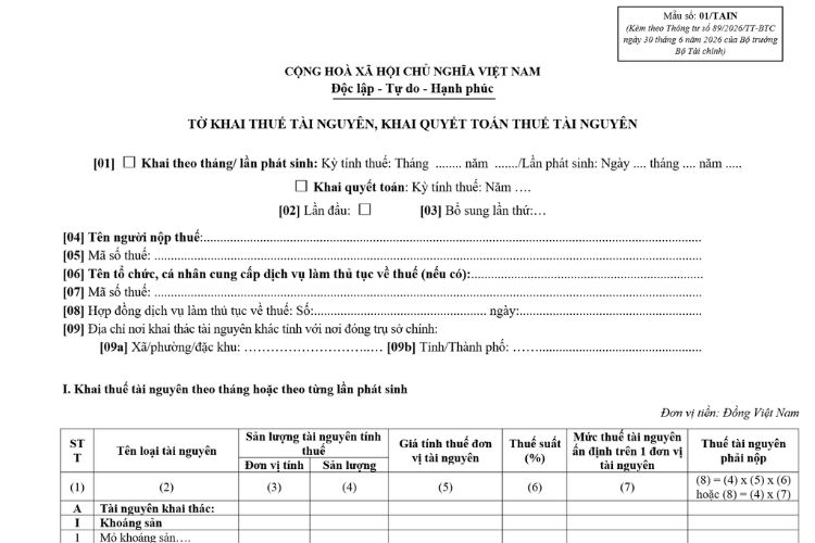Mẫu Tờ khai thuế tài nguyên, khai quyết toán thuế tài nguyên (Mẫu số: 01/TAIN)