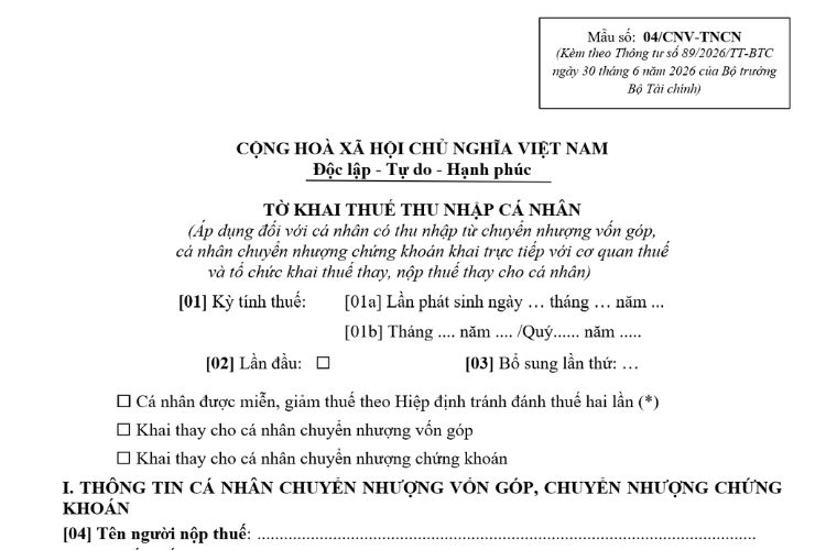 Mẫu Tờ khai thuế thu nhập cá nhân (Mẫu số: 04/CNV-TNCN)