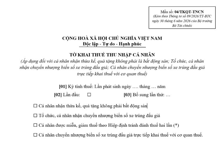 Mẫu Tờ khai thuế thu nhập cá nhân (Mẫu số: 04/TKQT-TNCN)