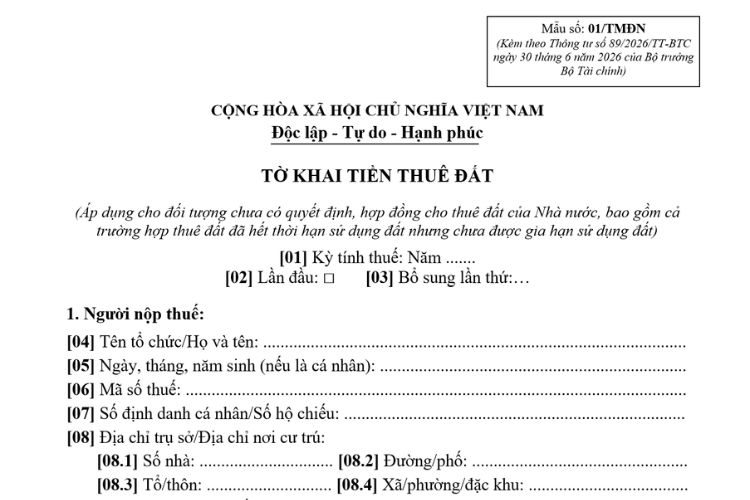 Mẫu Tờ khai tiền thuê đất (Mẫu số: 01/TMĐN) 2 Mẫu Tờ khai tiền thuê đất (Mẫu số: 01/TMĐN)