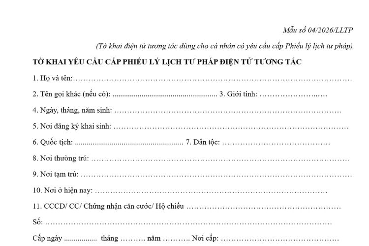 Mẫu Tờ khai yêu cầu cấp Phiếu lý lịch tư pháp điện tử tương tác (dùng cho cá nhân yêu cầu cấp Phiếu lý lịch tư pháp)