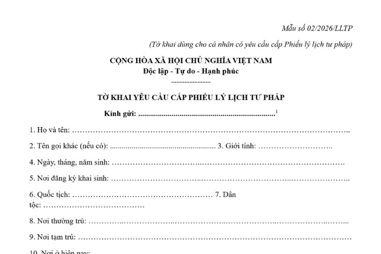 Mẫu Tờ khai yêu cầu cấp Phiếu lý lịch tư pháp (dùng cho cá nhân yêu cầu cấp Phiếu lý lịch tư pháp)