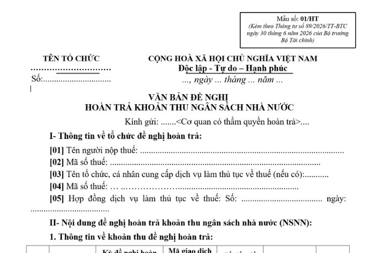 Mẫu Văn bản đề nghị hoàn trả khoản thu ngân sách nhà nước