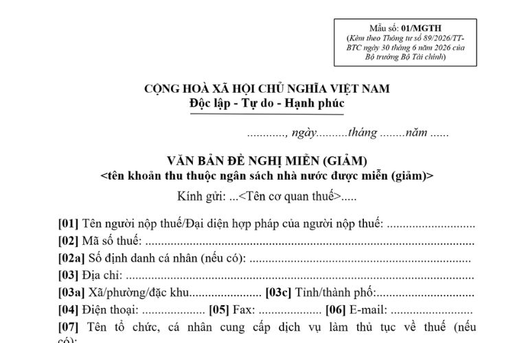 Mẫu Văn bản đề nghị miễn (giảm) tiền thuế (Mẫu số: 01/MGTH)