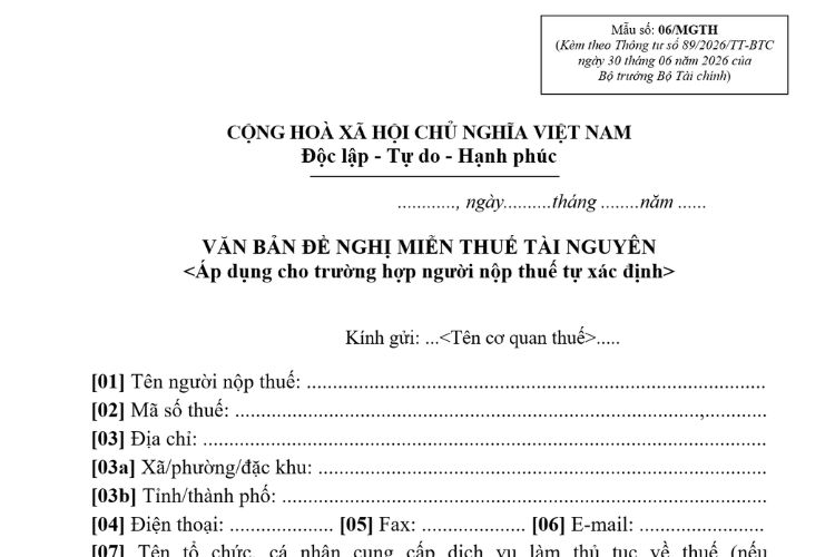 Mẫu Văn bản đề nghị miễn thuế tài nguyên (Mẫu số: 06/MGTH) 2 Mẫu Văn bản đề nghị miễn thuế tài nguyên (Mẫu số: 06/MGTH)