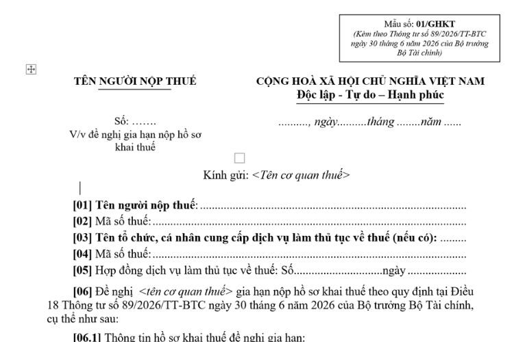 Mẫu Văn bản đề nghị về việc gia hạn nộp hồ sơ khai thuế (Mẫu số: 01/GHKT)