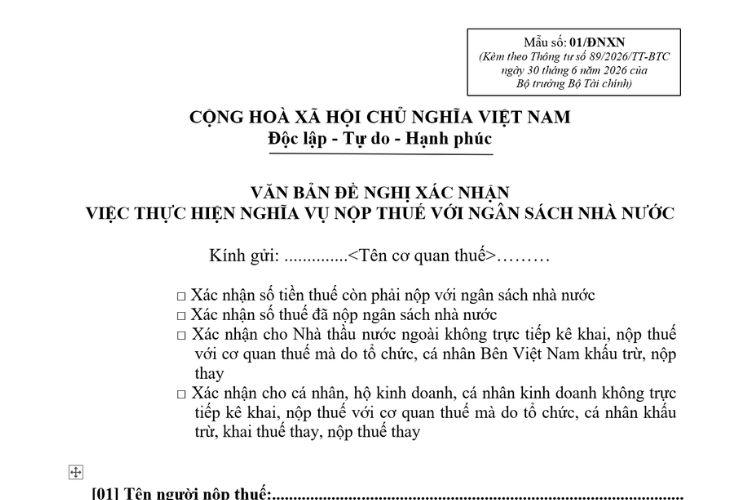 Mẫu Văn bản đề nghị xác nhận việc thực hiện nghĩa vụ nộp thuế với ngân sách nhà nước