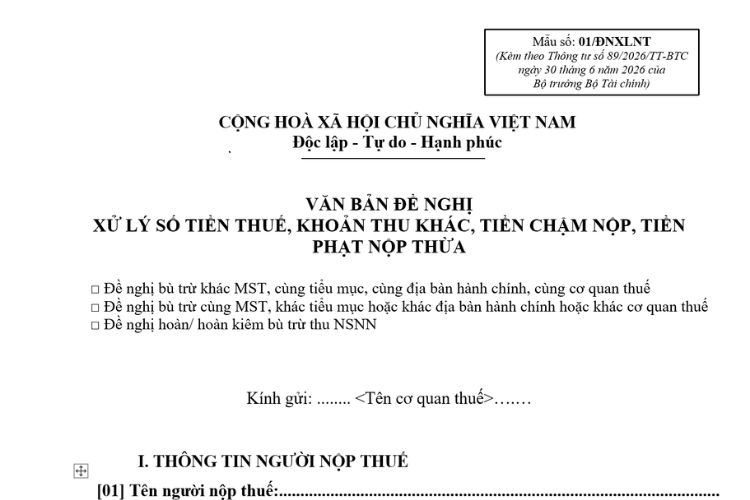 Mẫu Văn bản đề nghị xử lý số tiền thuế, khoản thu khác, tiền chậm nộp, tiền phạt nộp thừa 2 Mẫu Văn bản đề nghị xử lý số tiền thuế, khoản thu khác, tiền chậm nộp, tiền phạt nộp thừa