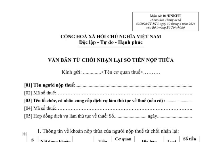 Mẫu Văn bản từ chối nhận lại số tiền nộp thừa (Mẫu số: 01/ĐNKHT) 2 Mẫu Văn bản từ chối nhận lại số tiền nộp thừa (Mẫu số: 01/ĐNKHT)