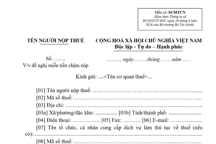 Mẫu Văn bản về việc đề nghị miễn tiền chậm nộp (Mẫu số: 01/MTCN) 2 Mẫu Văn bản về việc đề nghị miễn tiền chậm nộp (Mẫu số: 01/MTCN)