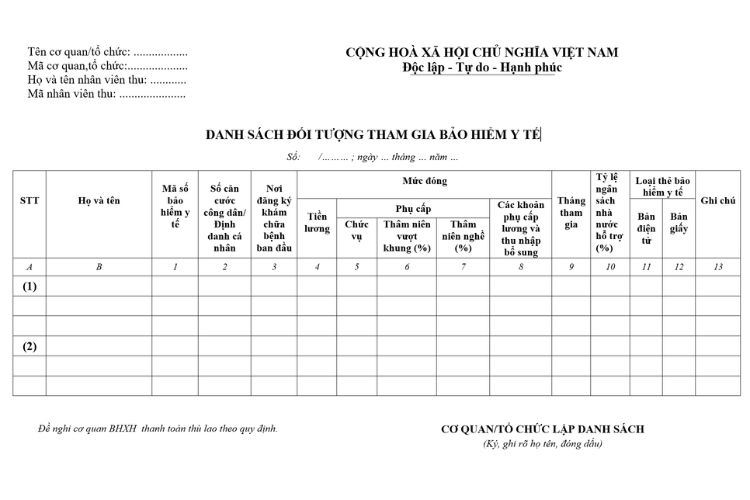 Mẫu Danh sách đối tượng tham gia bảo hiểm y tế