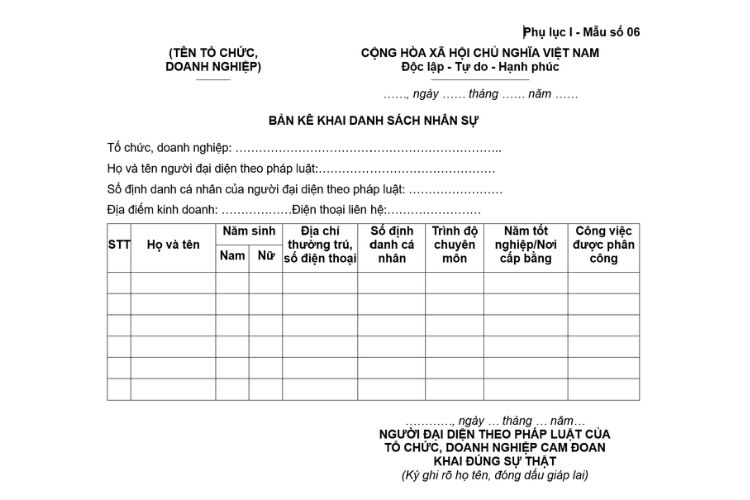 Mẫu Bản kê khai danh sách nhân sự (dùng trong kinh doanh sản phẩm, dịch vụ an ninh mạng)