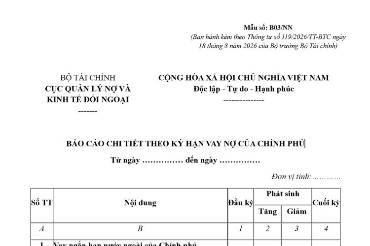 Mẫu Báo cáo chi tiết theo kỳ hạn vay nợ của Chính phủ (Mẫu số: B03/NN)